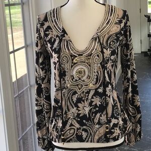 Boston Proper Black and Cream Graphic Embellished Blouse